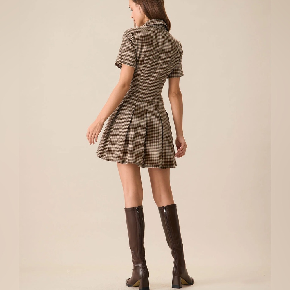 Rihoas Brown Plaid Lapel Pleated Mini Dress - Picture 4 of 8